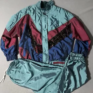 Vintage Clipper Bay Full Metallic Track Suit 80s Shoulder Pads Retro Women's Med - Picture 1 of 12