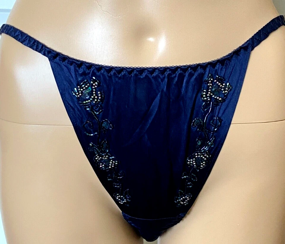 Nuevo con etiquetas Bikini de Colección Años 90 VICTORIA'S SECRET Azul Marino CUENTAS Tanga SEDA Panty Talla M Foto 1 de 4