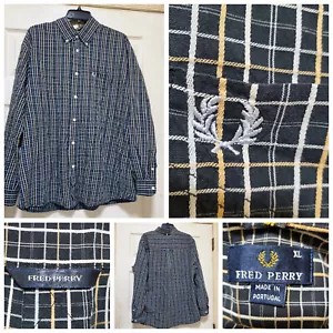 Fred Perry Shirt Mens XL Black Gray Check Plaid Casual Work Office Preppy Logo - Picture 1 of 17