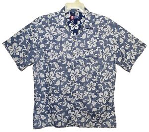 Sz L Chaps/Ralph Lauren Hawaiian Aloha Shirt Reverse Tropical Floral Navy/White