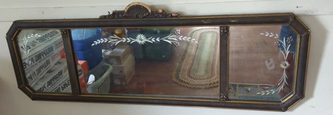 Antique Decorative Triple Pane Buffet Wall Etched Glass Mirror Wooden Frame Cover