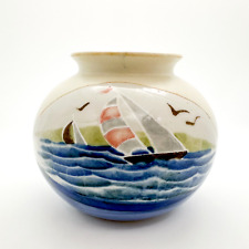 Vintage Otagiri Vase Oil Lamp Sailboat Cream Blue Pink Nautical Beach Sailing