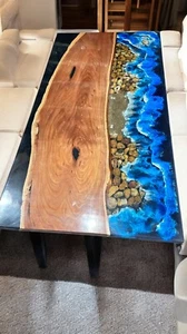 60"x30" Custom Made Ocean Epoxy Resin Sofa Dining Table Wooden Live Edge Decors - Picture 1 of 7