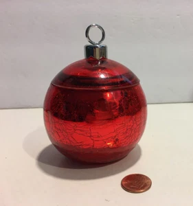 CHRISTMAS TREE BULB ORNAMENT RED GLASS TRINKET CANDY DISH LID CANDLE HOLDER 4" - Picture 1 of 3
