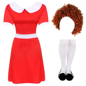 LADIES ORPHAN GIRL COSTUME DRESS MUSICAL TV SHOW WIG TIGHTS 1980'S FANCY DRESS - Picture 1 of 10