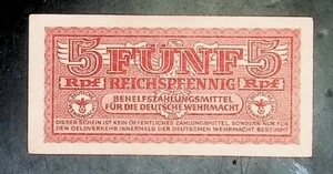 1944 Germany Wehrmacht 5 Reichsphennig Banknote - Picture 1 of 2