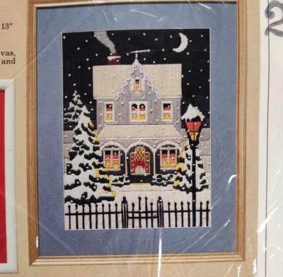 Vintage Creative Circle Crewel Kit 12x16 Winters Night Christmas Framed Picture - Image 1 of 4