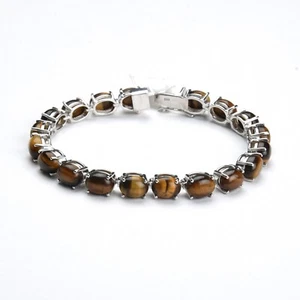 9*7mm Oval Brown Tiger's Eye Gemstone Sterling Silver Tennis Bracelet 7" inches - Picture 1 of 4