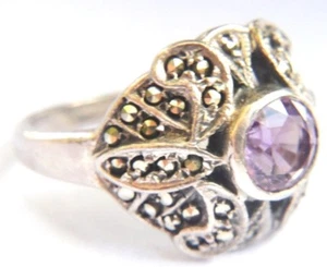 Amethyst and Marcasite Sterling Silver 925 Ring - Picture 1 of 5