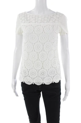 Tory Burch 女式棉质 Battenburg 蕾丝短袖 T 恤上衣白色 XS 码 — 第 1/4 张图片