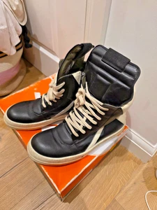 RICK OWENS GEOBASKET LEATHER HIGH TOP SNEAKERS black and white Size 44 authentic - Picture 1 of 7