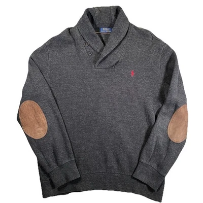 Polo Ralph Lauren свитер мужской XL темно серый шаль воротник замшевые локти нашивки - Изображение 1 из 4
