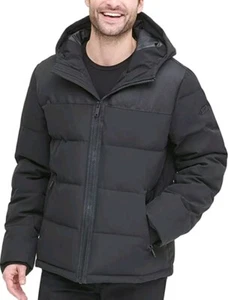 DKNY Men's Shawn Quilted Mixed Media Hooded Puffer Jacket- Black XXL - Picture 1 of 14