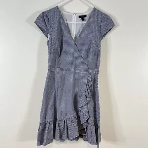 J. Crew Faux Wrap Blue Gingham Dress Size 4 Blue White Cap Sleeve Dorothy - Picture 1 of 11