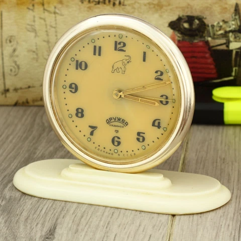 1980's Slava Druzhba alarm mechanical table clock. Made in USSR, retro export Cover
