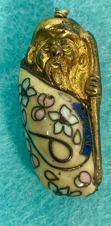 Conta Cloisonne Buddha Priest bronze esmalte chinês 1,5 polegadas vintage Estate - Imagem 1 de 4