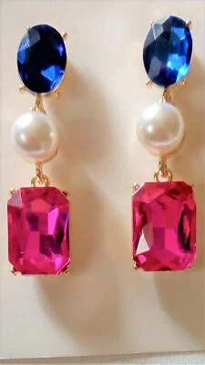 Pendientes colgantes para mujer rojo/blanco/azul estrás imitación perla orejas perforadas Foto 1 de 4