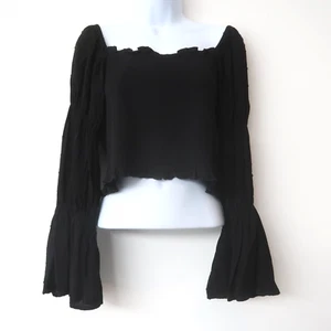 Mi Ami Boho Blouse Large Crop Smocked Square Neck Flare Sleeve Festival Witchy - Picture 1 of 12