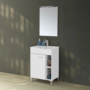 Mobile bagno a terra 60 cm bianco lucido con 1 anta lavabo e specchio Martha - Foto 1 di 7