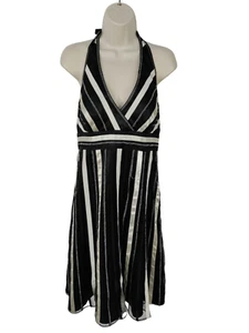 WOMENS DEBUT UK 12 BLACK IVORY STRIPE HALTER NECK OCASSION FIT FLARE MIDI DRESS - Picture 1 of 5