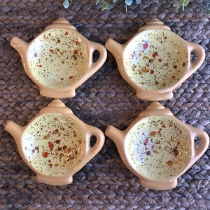 Teabag Holders Teapot Shaped Tea Bag Rests Set of 4 Yellow Retro Splatter Paint - Picture 1 of 8