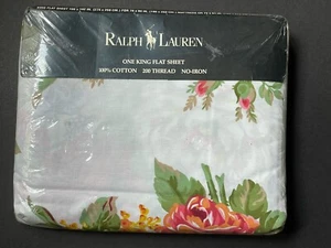 NEW! Rare RALPH LAUREN Melissa *KING FLAT SHEET Floral Beach House White FLOWERS - Picture 1 of 10