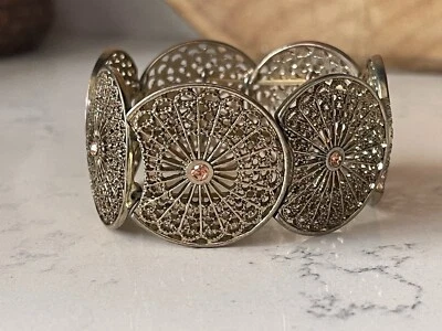 Desi Filigree Circular Moon Patina Metal Bracelet With Small Rhinestones - Image 1 of 3