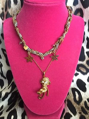 Винтажное коричневое клетчатое ожерелье с золотой обезьяной Betsey Johnson Zoo Lovers - Изображение 1 из 4