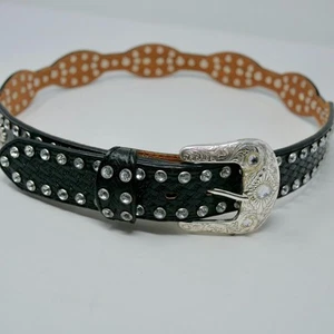 Tony Lama Black Leather Western Belt Embossed Rhinestone Silver Buckle Studs 32 - Picture 1 of 8