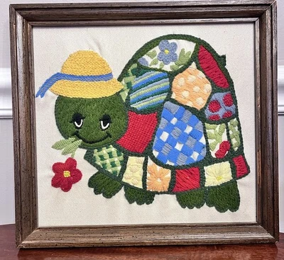 Vintage Retro Tortuga Colorido Crewel Bordado Aguja En Marco Foto 1 de 4