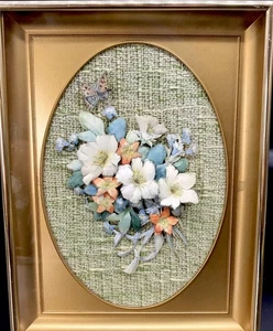 3D Paper Flower Art Bouquet on Muslin Butterfly Gold Tone Metal Frame Vtg - Picture 1 of 8