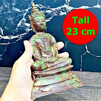 Meditating Bronze Statue Antique Ayutthaya Crown Buddha Armor Thai Amulet 16807 - Image 1 of 4