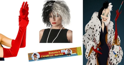 WHATCHUSEEK2010 Cruella De Ville Adult Costume 4PC Set Wig Gloves PearlNecklace Cigarette Holder