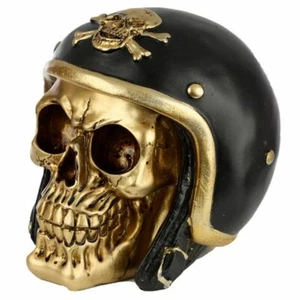 Gold and Black Gothic Skull Wearing a Biker Helmet with Skull and Crossbones - Picture 1 of 5