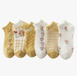 Girls Yellow & Pink dress socks Flowers  Valentines Easter 6 PAIR - Picture 1 of 1