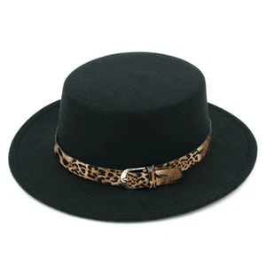 Sombrero de boteador de ala ancha de mezcla de lana para mujer con banda de cuero de leopardo - Imagen 1 de 19