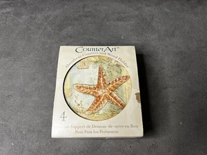 Counter Art Absorbent Coasters Sea Shell Designs Wood Holder Lot of 4 Beige - Picture 1 of 8