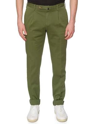 INCOTEX "Slowear" High Comfort Green Cotton-Lyocell Slim Fit Pleated Chino Pants - Image 1 of 4