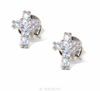 orecchini tutto argento 925 croce piccola zirconi bianchi brillanti uomo donna - Immagine 1 di 4