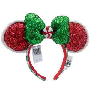 DisneyParks Green Sequin Minnie Mouse Bow Red Sequins Ears Headband Ears New - Picture 1 of 4