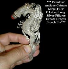 Superb Antique Chinese Large Silver Filigree & Carnelian Stone Dragon Brooch Pin
