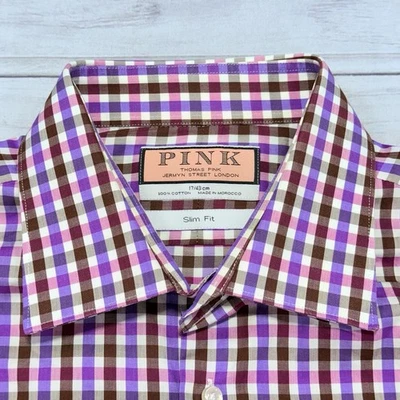 Thomas Pink Shirt Mens 17 43cm Pink Plaid Check Slim Fit French Cuff Dress Shirt - Image 1 of 4