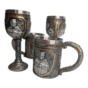 Medieval Goblet & Mug Set 4 Pcs 2 Mugs Tankards and 2 Goblets Knight Armor 3D - Picture 1 of 22