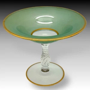 Bohemian grün Kunst Glas Kompott mit vergoldetem Rand, gedrehter Stiel, MCM Standfuß 7,25" - Bild 1 von 7