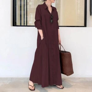 Women's Casual Loose Plus Size Cotton Linen Long Sleeve Kaftan Maxi Shirt Dress - Picture 1 of 10