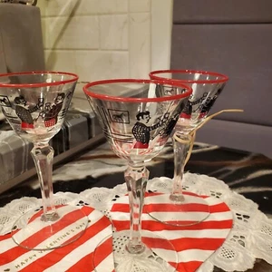 Libbey Pickwick Cordial Gläser, Stielglas 40er Jahre, Barkeeper Szene, 3er Set - Bild 1 von 11