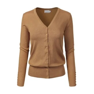 Women's Classic Button Down Long Sleeve V-Neck Soft Sweater Cardigan, Camel, M - Picture 1 of 6