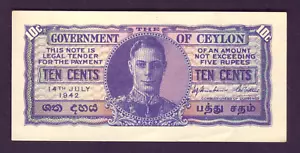 Ceylon P-43a. 1942 10 Cents.. King George VI Portrait.. aU-UNC - Imagen 1 de 2