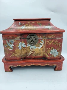 Antike chinesische Qing Dynastie Stil Eed Lack Schatulle Schmuck Nähen Vögel Floral - Bild 1 von 14
