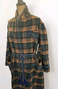 COCKATOO Robe Rockabily Housecoat Mens 100% Wool Plaid Size L Vintage 60s Piping - Picture 1 of 7